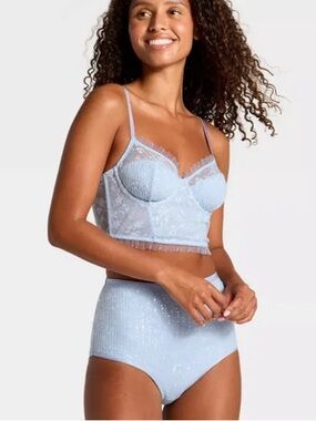 Blue Sequin Lace Corset Crop Top w/ Lace Trim & sequin bottom brief NWT large